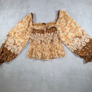 Miss Me Floral Smocked Peasant Top Large Orange Boho Balloon Sleeve MT2721L